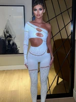 Whatiwear Rhinestones Patchwork Jumpsuit Women Sexy Hollow Skew Collar Single Sleeve Hottie Midnight Club Party Coquett Overalls 5