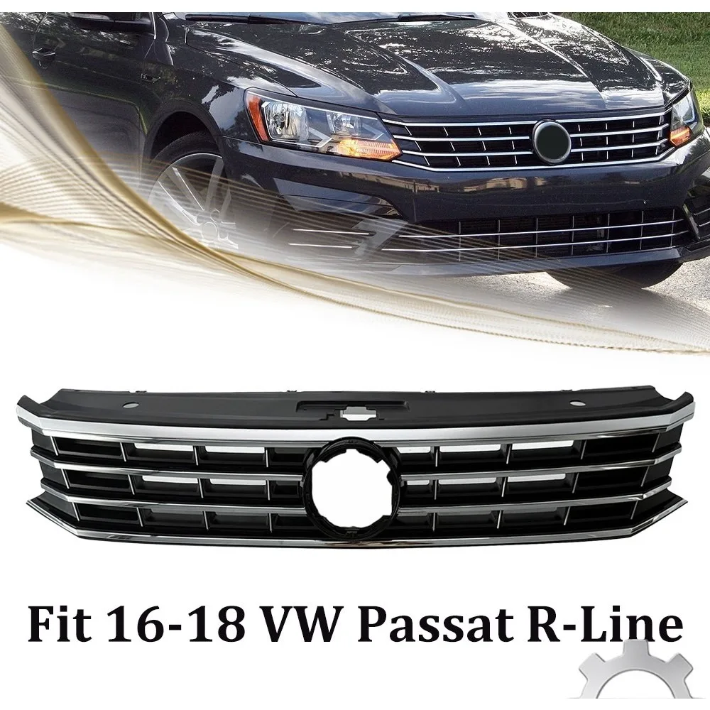 

Front Bumper Upper Grille Black+Chrome For 2016-2018 VW Volkswagen Passat R-Line