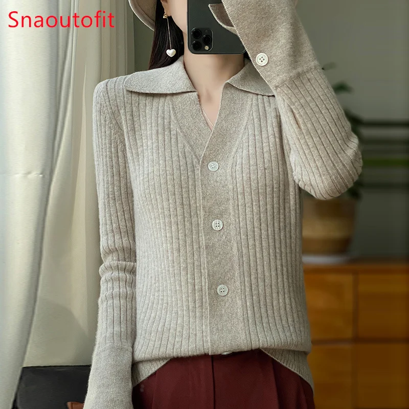 100% Wool Cardigan POLO Neck Solid Color Knit Sweater for Women Autumn Winter Fashion Formal Loose Cashmere Coat Niche Chic Top