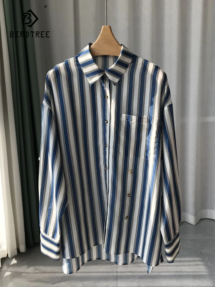 BirdTree,70% Cotton 30% Silk Elegant Shirts, Women Long Sleeve, Loose Vertical Stripe Casual Blouse, 2024 Spring Autumn T4N015JC