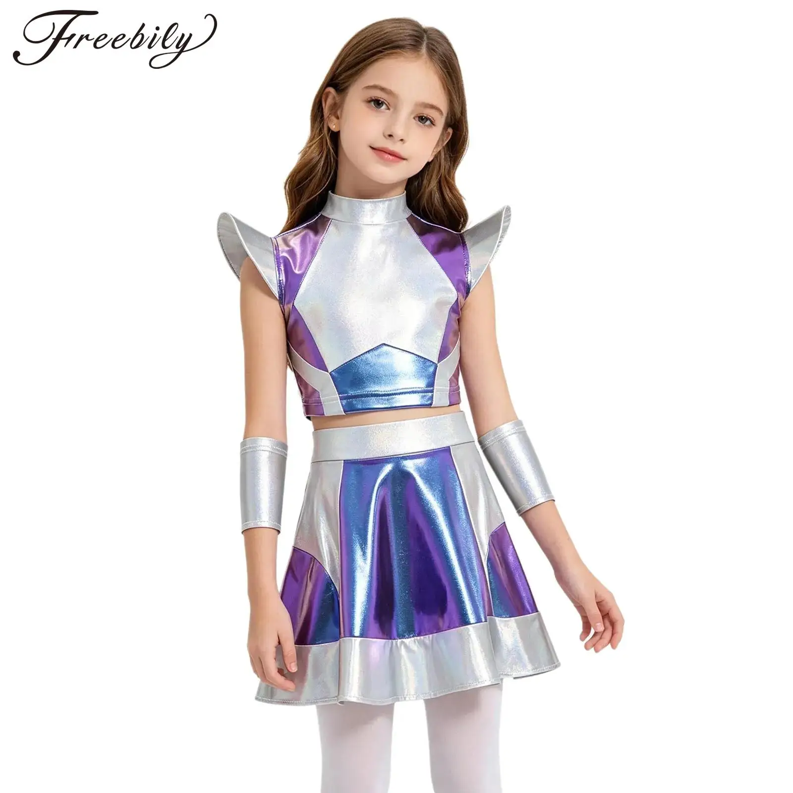 Kids Girls Metallic Alien Robot Costume Halloween Outer Space Theme Party Outfit Cap Sleeve Glossy Crop Top with Skirt Sleeves