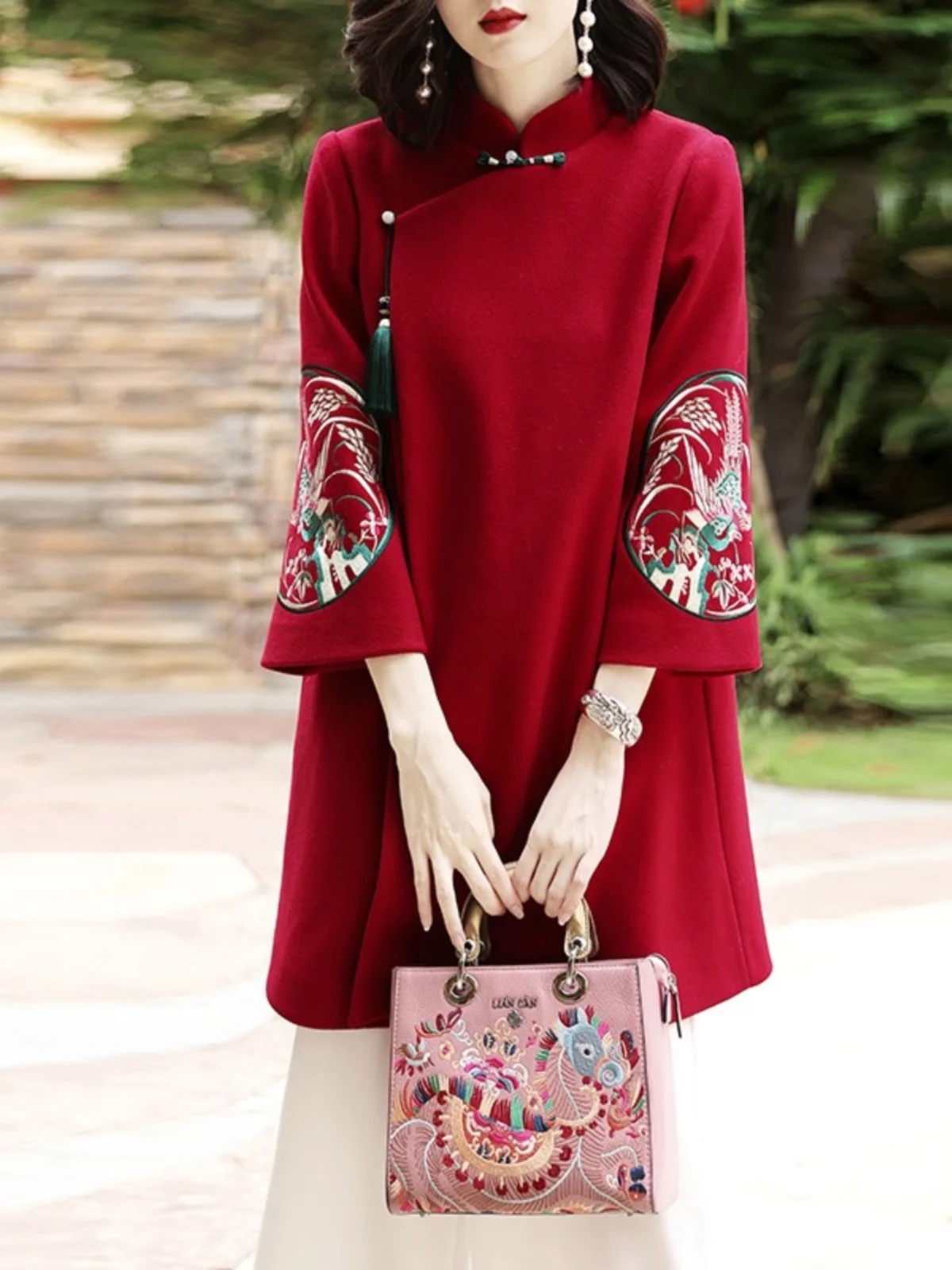 

Ele Red Woolen Coat Wedding Dr for Bride's Mother High-Quali Polyester Fabric Floral Pattern Mid-Waist A-Line Skirt