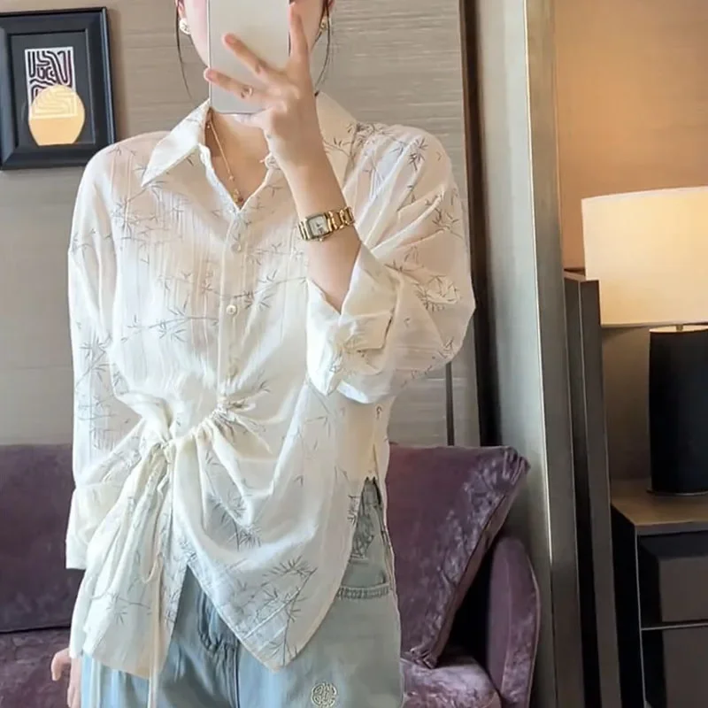 Letnia Moda Prostota Rozcięcie Sznurek Nowa Damska Niszowa Koszula Vintage Kołnierzyk Polo Zachodnictwo Nieregularny Cienki Styl Bluzki