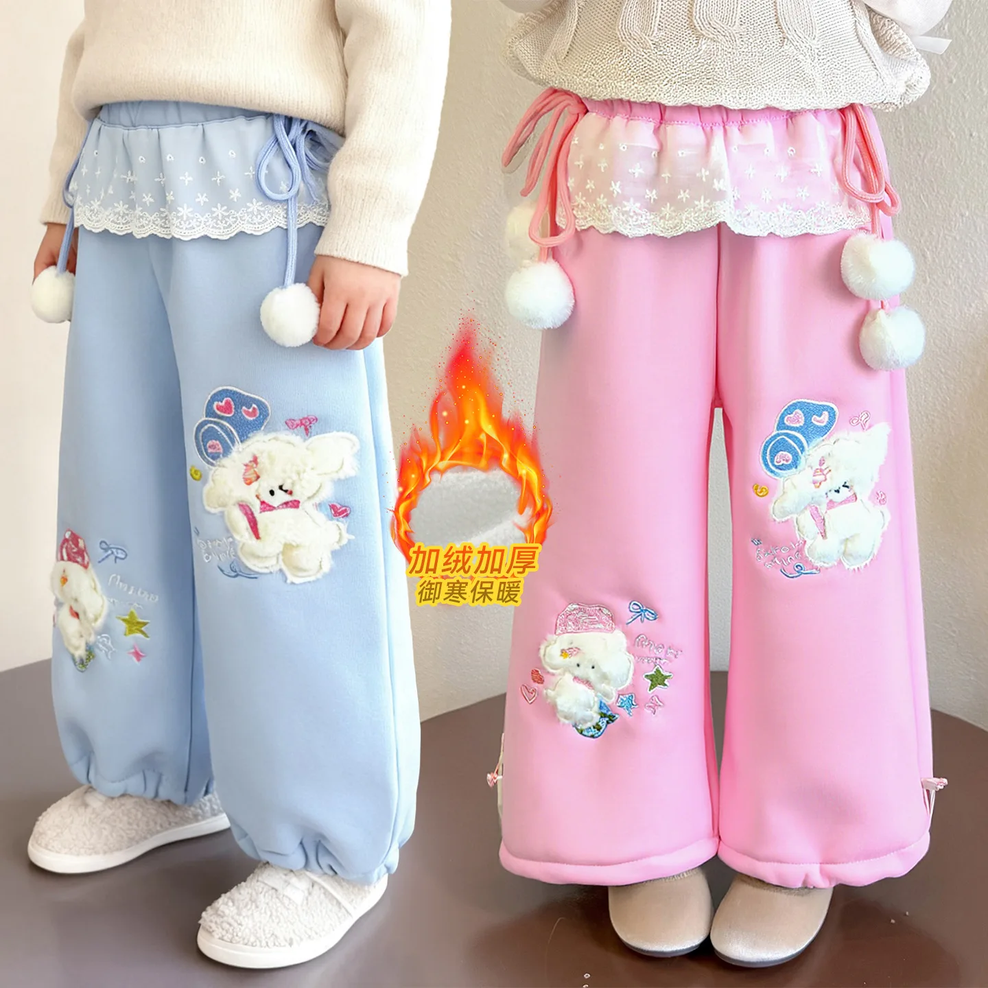 

Girls' Color-blocked Cotton Pants, Fleece-lined Childlike Wide-leg Pants, Chinese Style Long Pants for Youth, Suitable for Ages