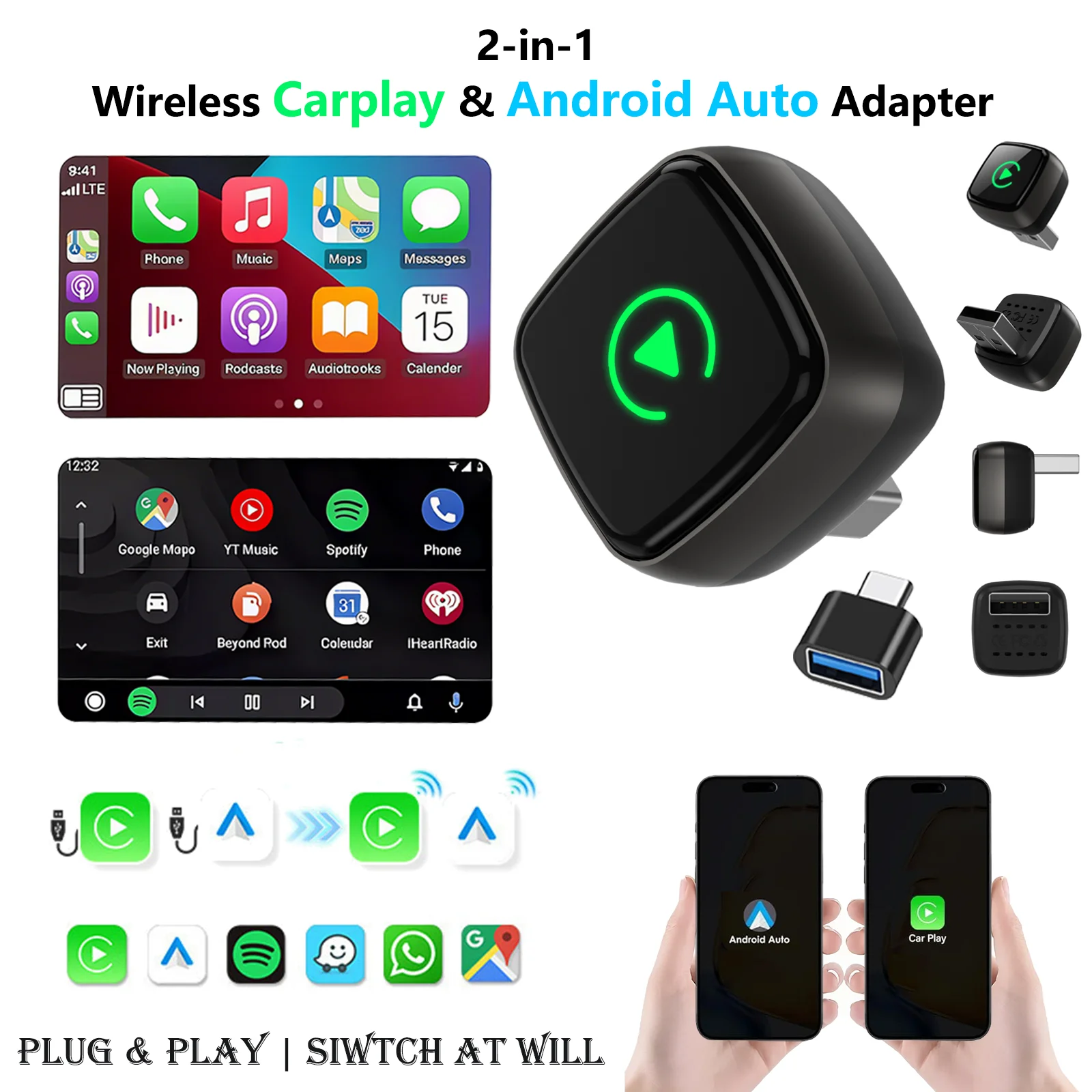 2-in-1 WIreless Car Play/Android Auto Adapter,Plug & Play CarPlay Mini Adapter Fast Auto Connection for iPhone & Android