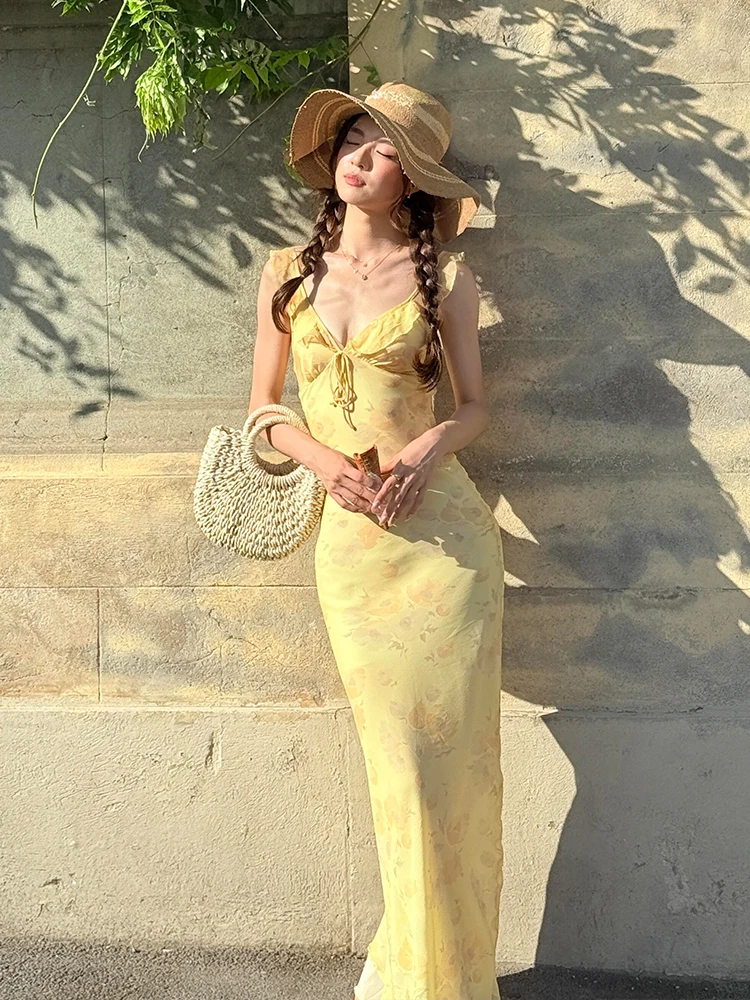 Vestido Largo con Estampado Floral y Cintura Ajustada para Mujer, Estilo Veraniego, Cuello Recto, para Edades de 8 a 25 Años