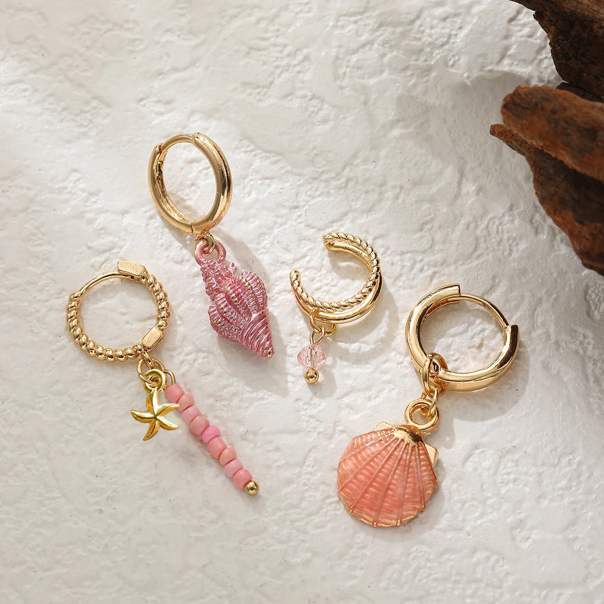 Boho Ocean Colorful Shell Conch Beaded Ear Cuff Drop Earrings 4Pcs Set for Women Summer Beach Trendy Ear Jewelry Gift