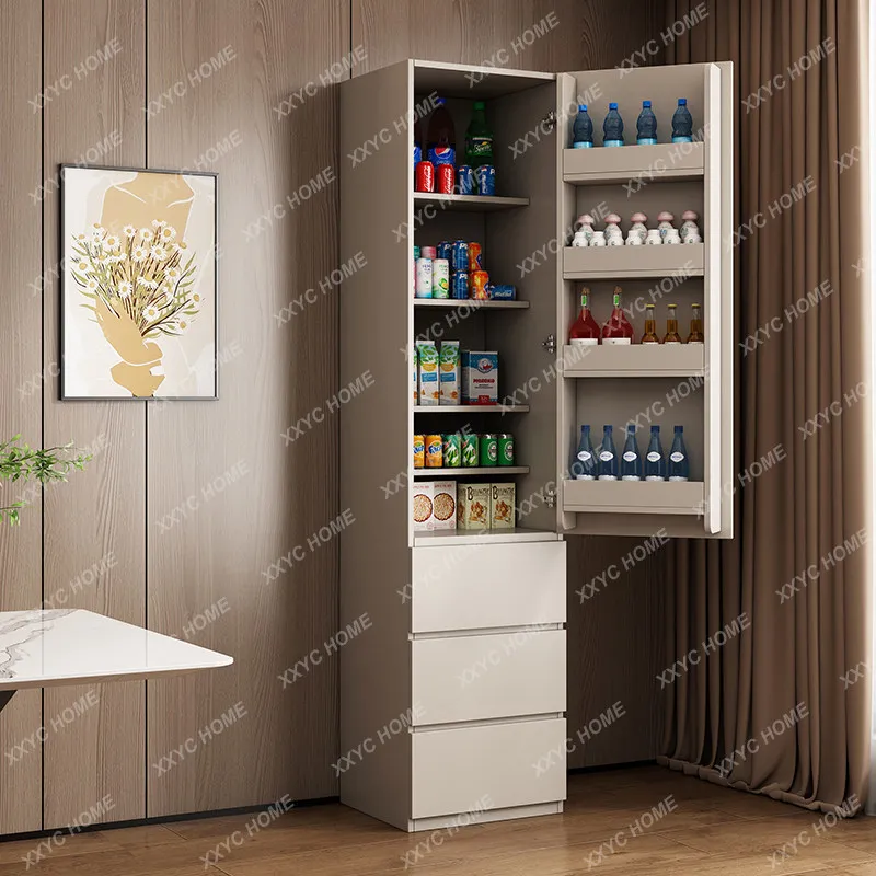 Living room snacks, dining side cabinet integrated against the wall, kitchen embedded storage, refrigerator cabinet