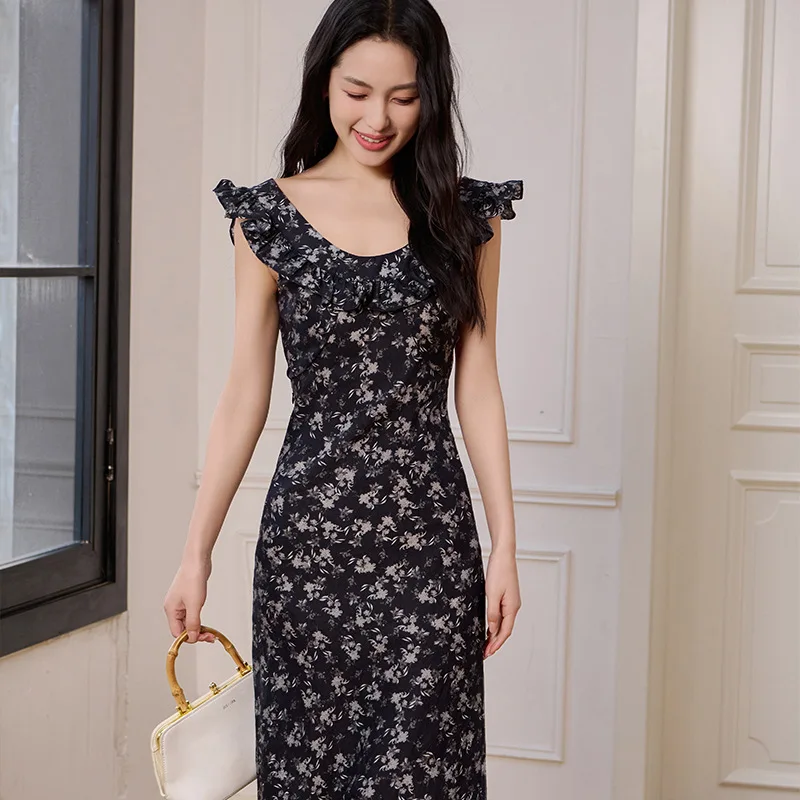 Spring and Summer New Black Ruffled Floral Dress Flying Sleeve Design Sense of Sweet Temperament Long Skirt Women