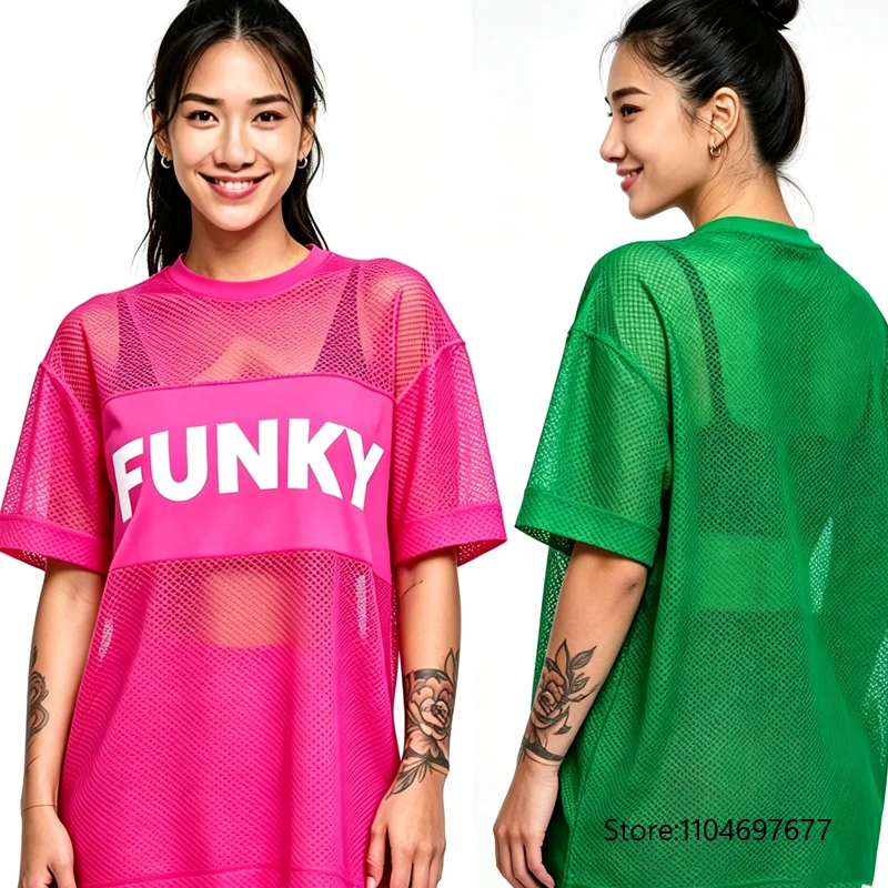 Yoga Fitness Group - 新しいフィットネスダンスウェアフィットネスヨガスポーツグループダンスメッシュストレッチ半袖Tシャツ1345
