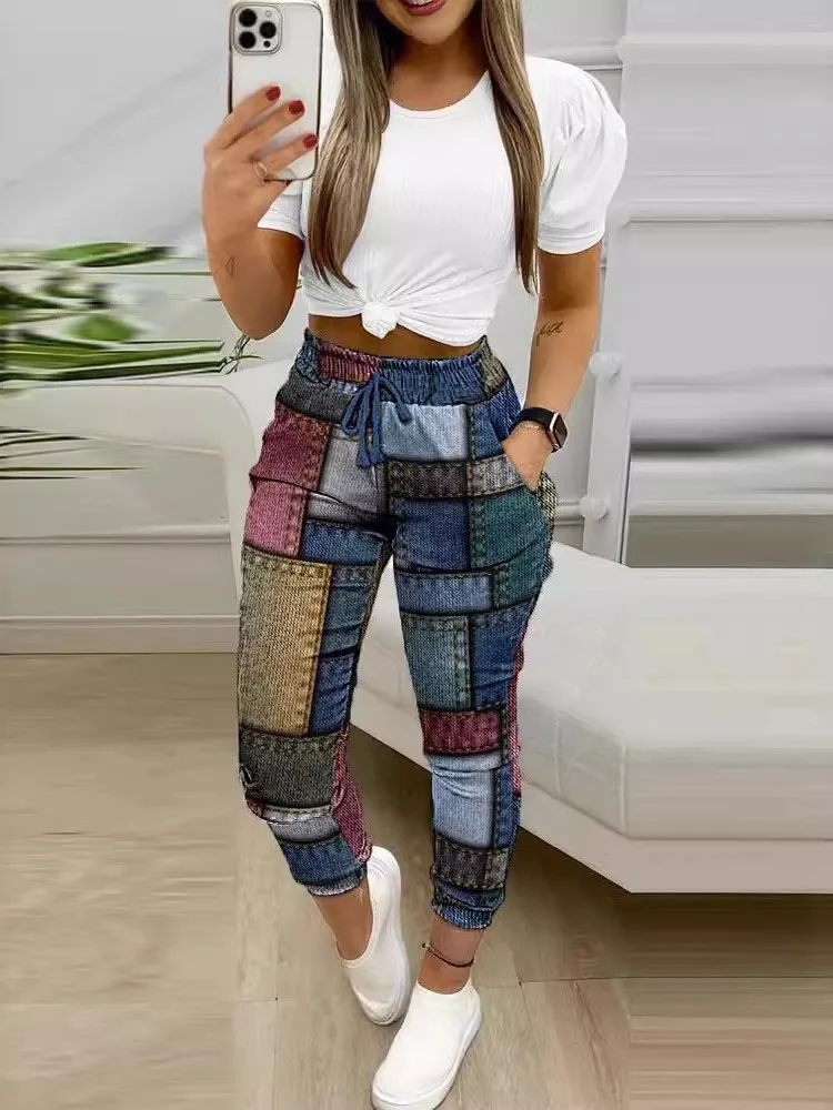 2025 sommer frauen 2 Stück Set Mode O Hals Kurzarm Top T Shirt & Kordelzug Sport Hosen Zwei Stück set Weibliche Druck Sets