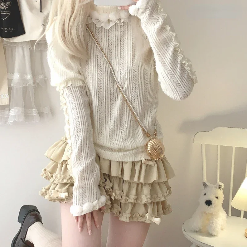 Sweet Cute Turtleneck Sweaters Women Y2k Aesthetic Knitted Punk Vintage Pullovers Tops Mujer Harajuku Lace Bow Grunge Pull Femme