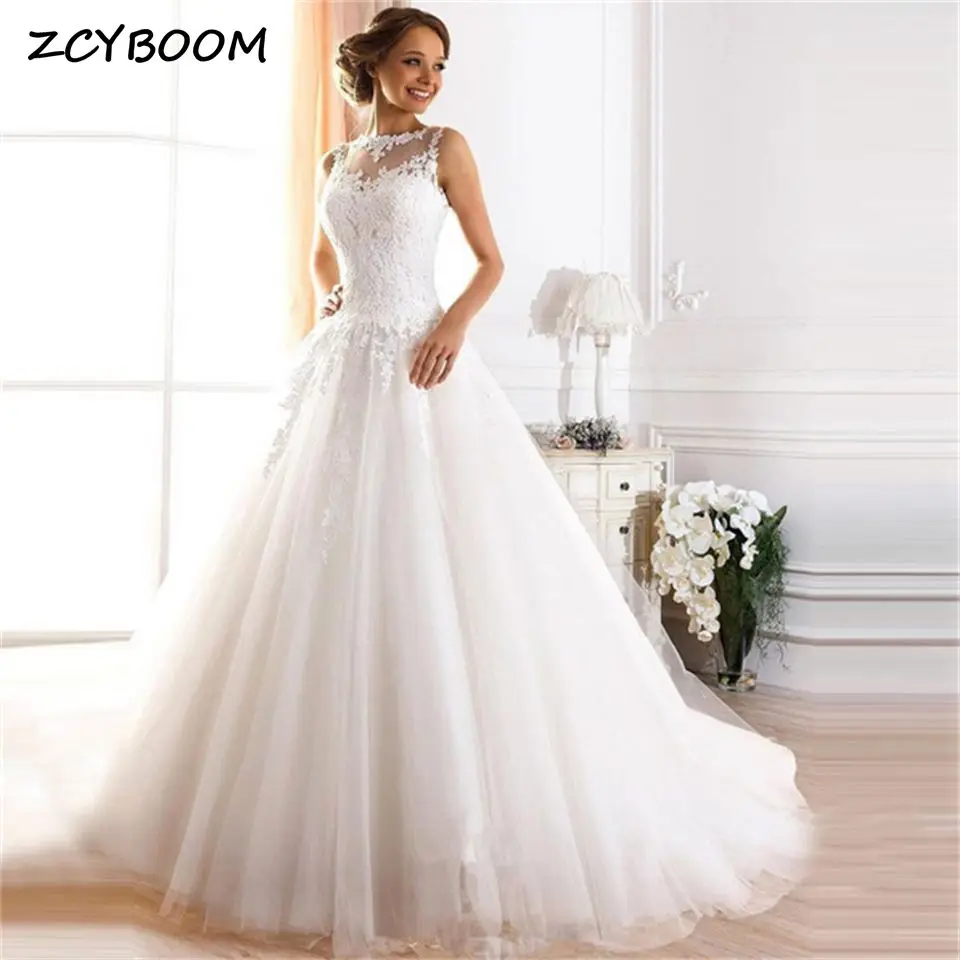 

Elegant O-Neck A-line Appliques Tank Tulle Illusion Wedding Dress For Women 2024 Sweep Train Bridal Gowns Vestidos De Noiva