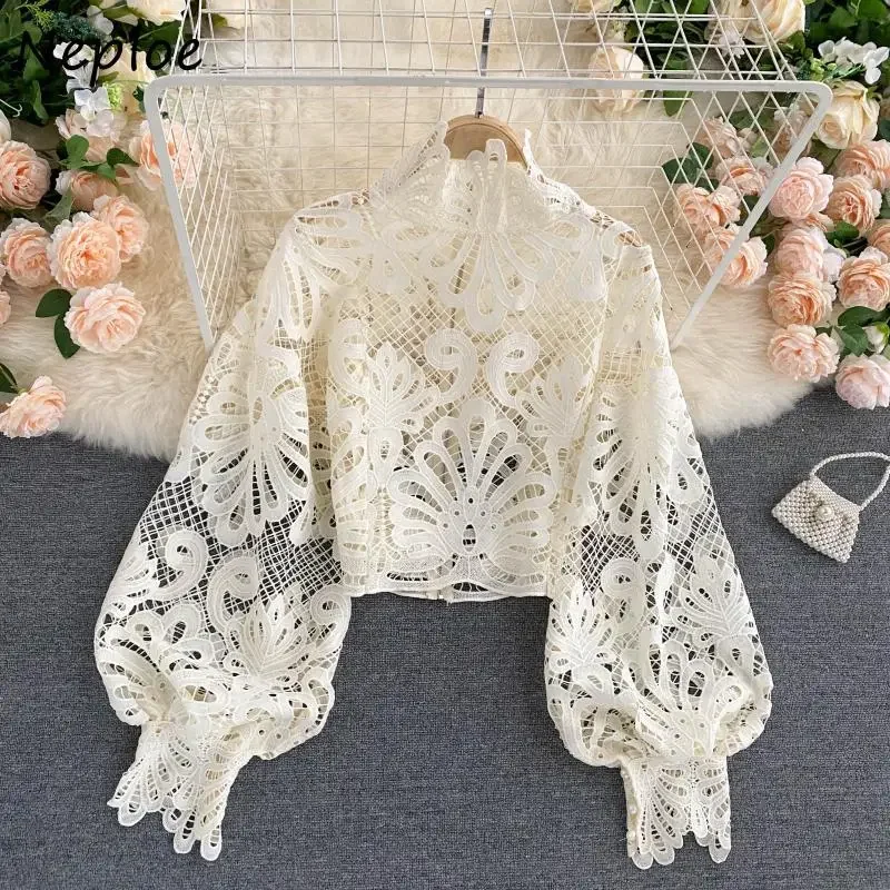 Neploe Fashion Chic Lantern Long Sleeve Blouses 2024 Fresh Sweet Zip Short Blusas Sexy Lace Hollow Out Stand Collar Women Shirt