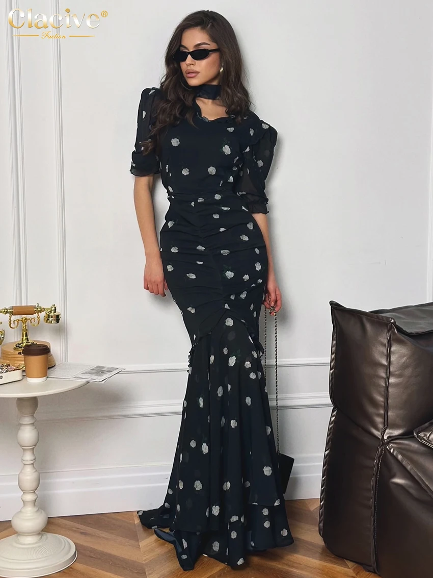 Clacive Modisches, schmales, bedrucktes Damenkleid, Sommerkleid mit V-Ausschnitt und kurzen Ärmeln, Maxikleider, elegantes, klassisches, plissiertes Damenkleid, Streetwear