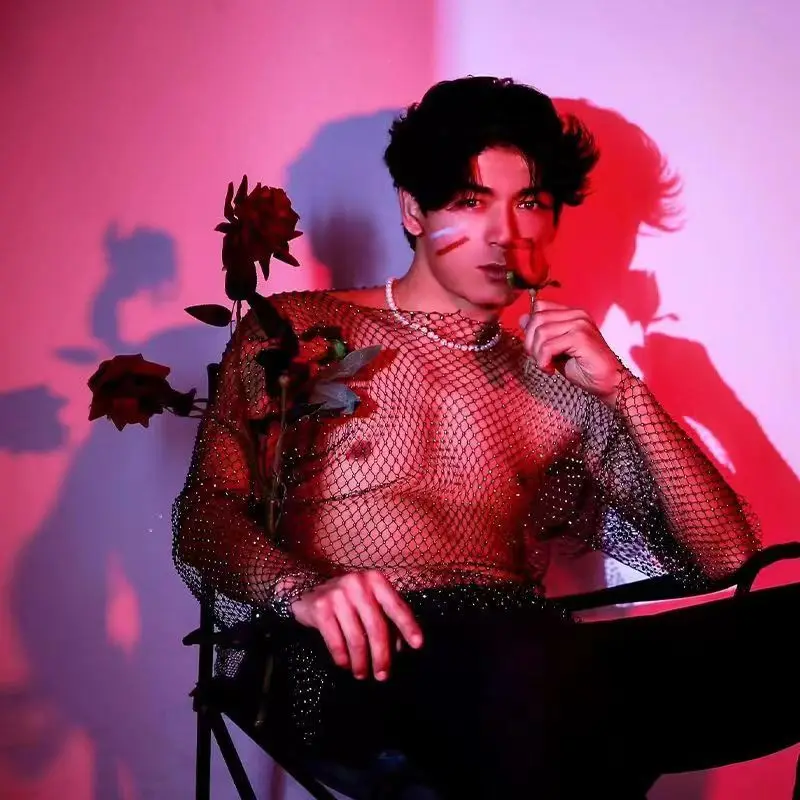 Night Club Dancing Men's Sexy Rhinestone Fishing Net Long-sleeved Top Square Collar Hollow T-shirt With Stage Show Clothing