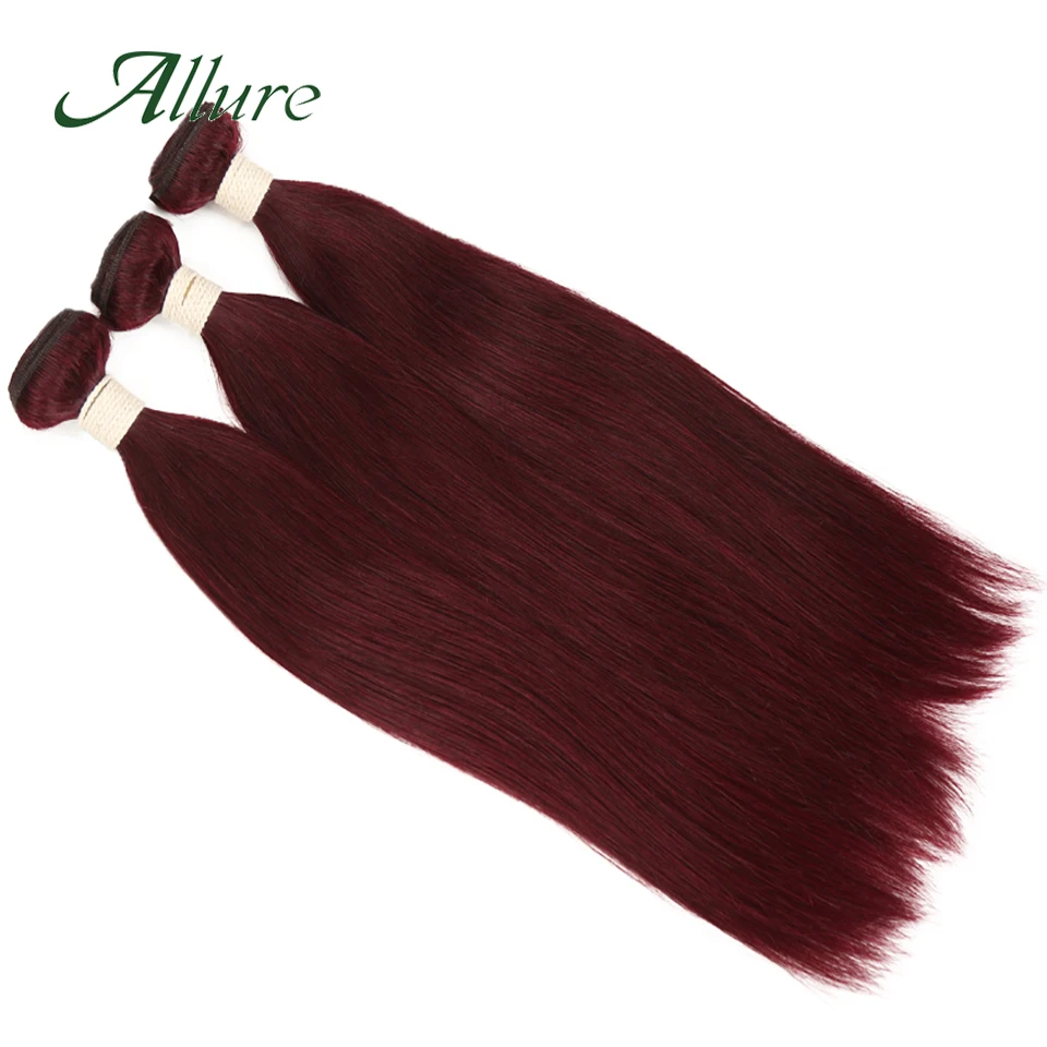 Extensiones de cabello humano liso 99J, mechones de cabello humano rojo vino, 12A, Remy, 1/3 piezas, Allure