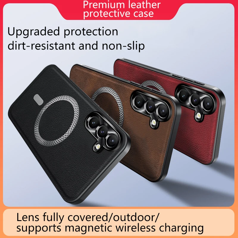 For Samsung Galaxy S24 Ultra Plus FE Case Magnetic Elegant Leather Wear-Resistant Lens Fully Covered Non-Slip Grip Edge Cover