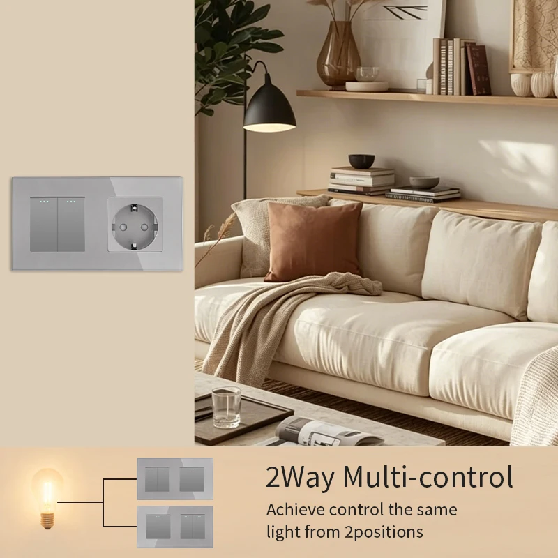 TAWOIA 1/2/3Gang Wall Switches Mechanical Button Switch Plus EU 20W Type-C USB Sockets 2Way For Stairs Bedroom Gray Glass Frames