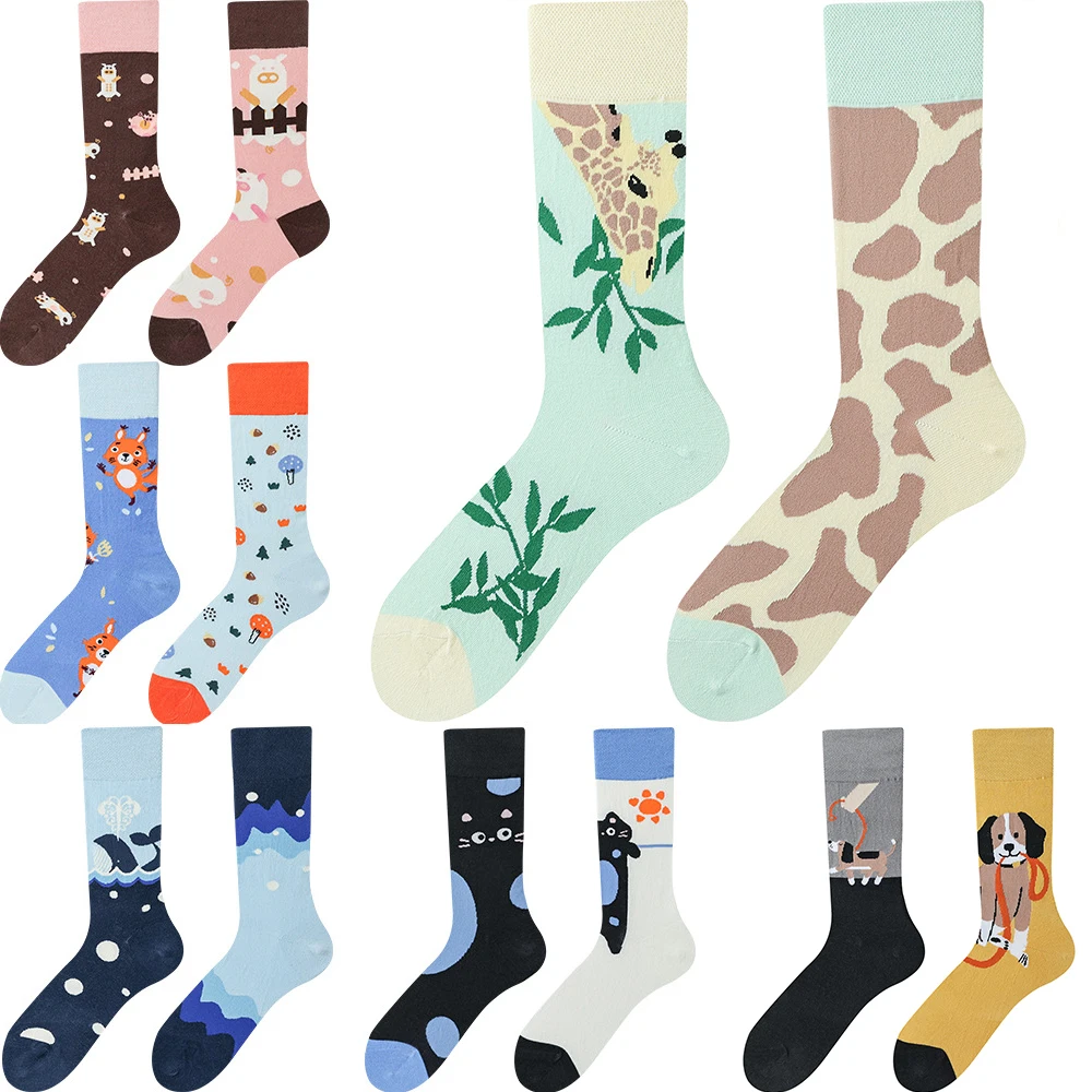 

Happy Socks AB Asymmetrical Socks Cartoon Color Contrast Fashion Cotton Men And Women Couples Mid Tube Socks