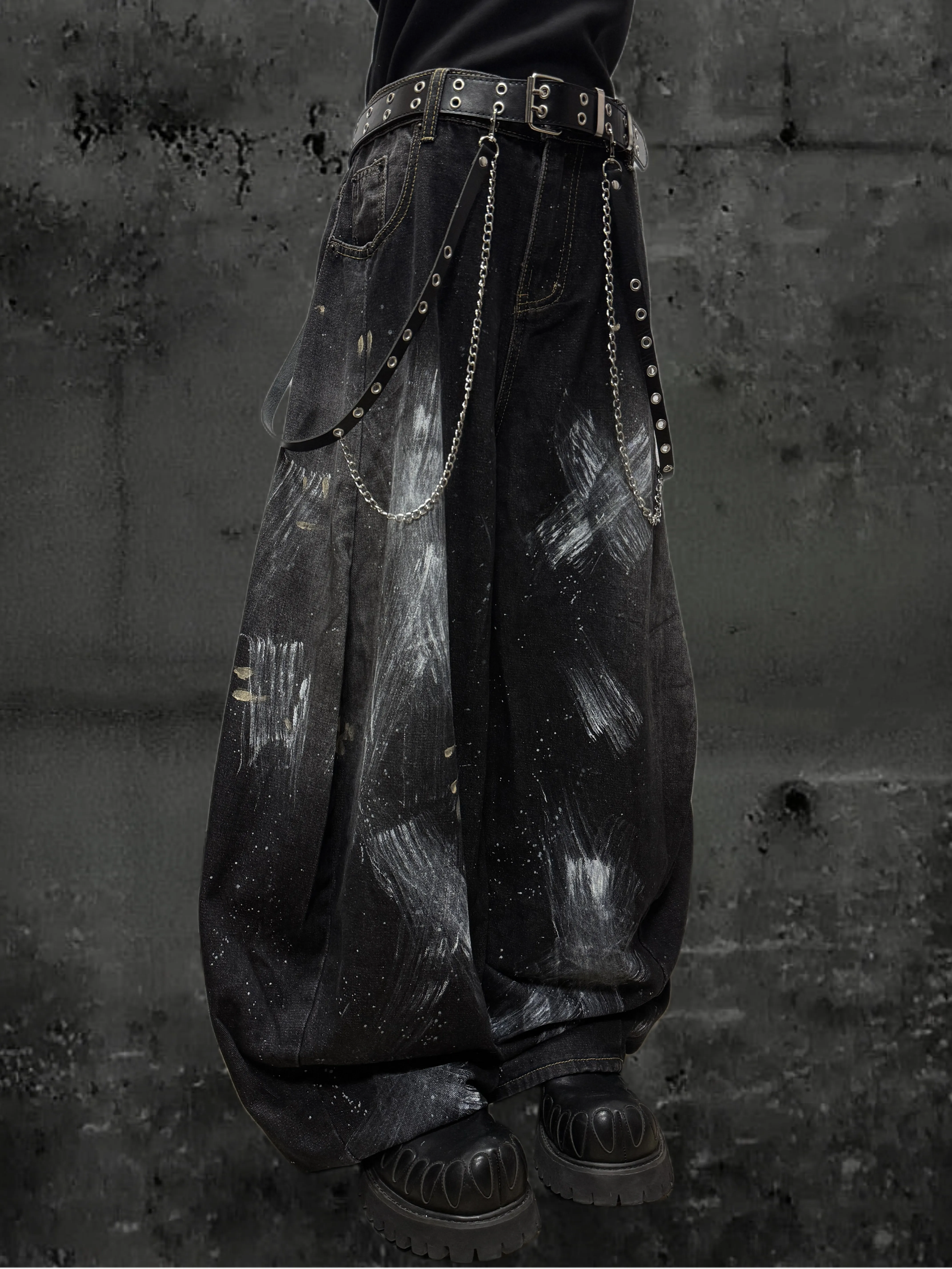 Niche Design Graffiti American Jeans Men's and Women's Punk Loose Wide-Leg Splash-Ink Distressed Matchet Pants Autumn