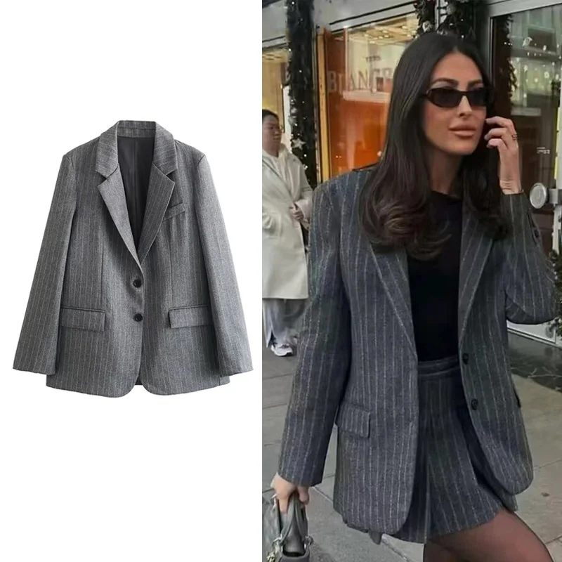 UETEEY 2024 Spring Ladies Fashion Elegant Grey Office Wear Blazers Woman Pinstripes Pockets Slim Blazer Coat Casual Chic Outwear