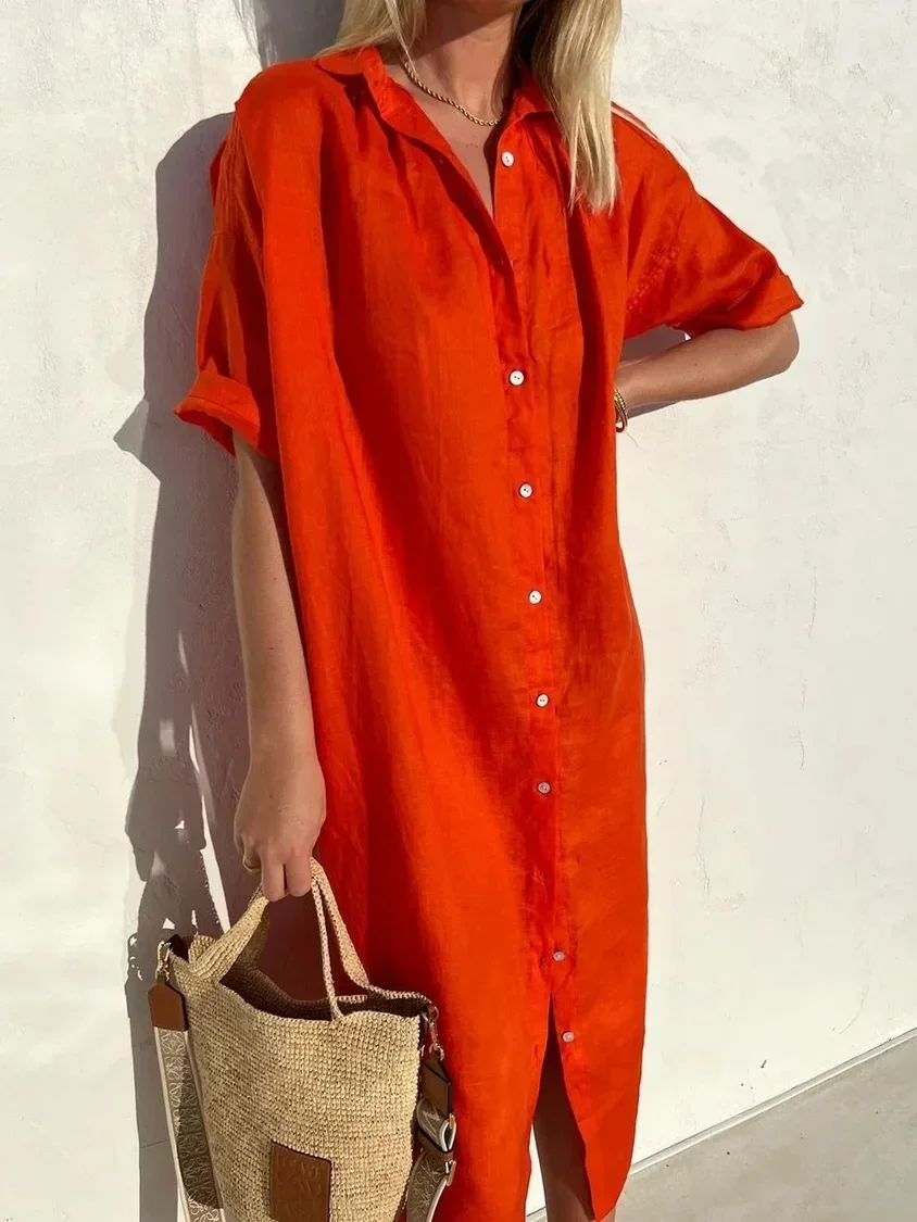 Robe chemise longue noire pour femmes, col rabattu, boutons, robes amples, élégantes, décontractées, tendance, vêtements pour dames, printemps 2025