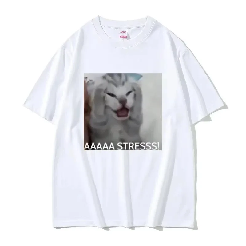 Cute & Funny Stressed Cat Meme T-Shirt, Summer Casual Loose Plus Size Tee for Men and Women, Men's 100% Cotton Short Sleeve