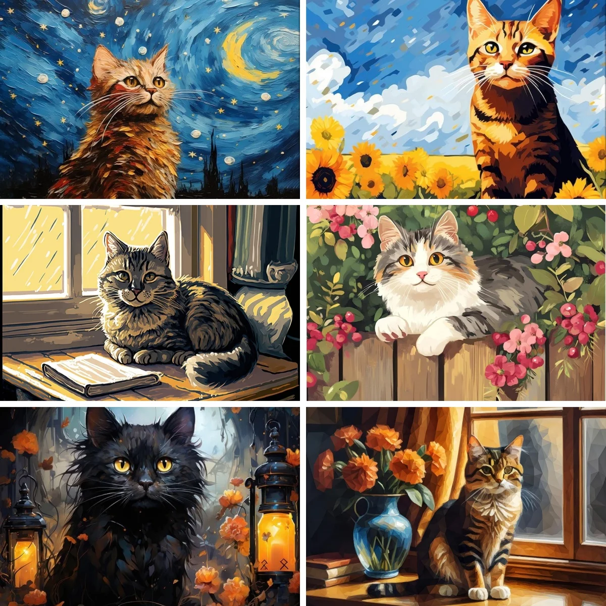 

Diamond Painting Full Round Square Vincent Van Gogh Starry Night Tabby Cat Diamond Art by Number Kits Embroidered Decoration