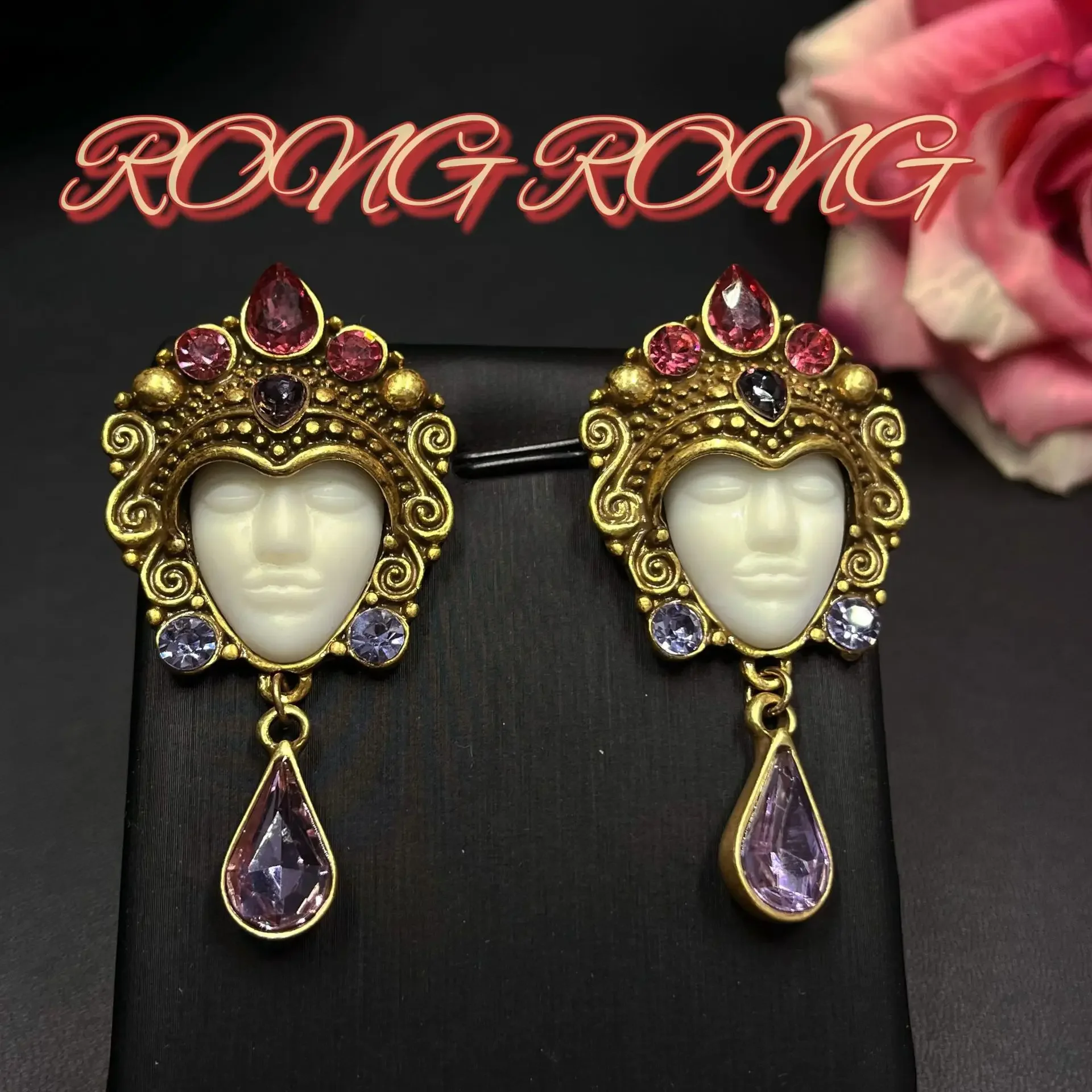 Vintage Handmade Retro Buddha Face Statue Heavy Earrings European and American Exaggerated Personality Palace Portrait Earrings