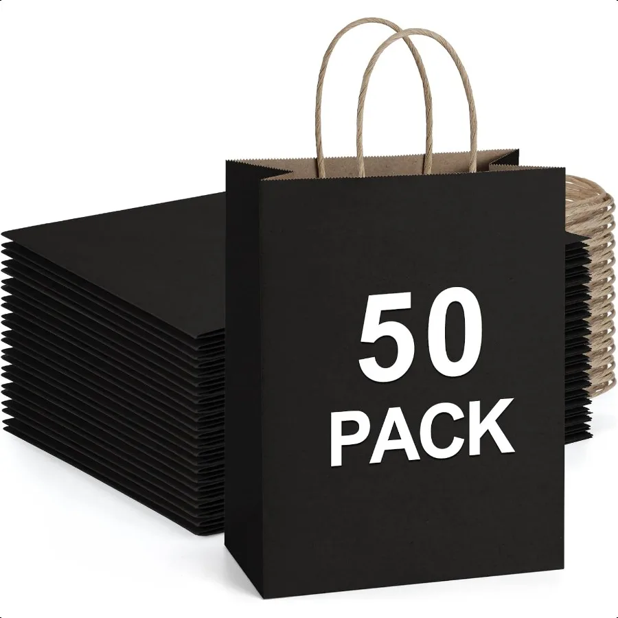 

50Pcs Gift Bags 8x4.25x10.5 Inches Kraft Paper Gift Bags with Handles Bulk for Shopping Wedding Party Favor Merchandise Retail