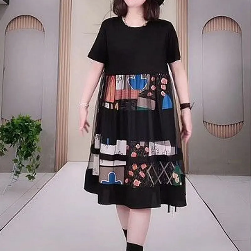 Casual Patchwork Gauze Midi Dress Loose Summer Printed Polka Dot Women's Clothing All-match Round Neck Stylish A-Line Dresses