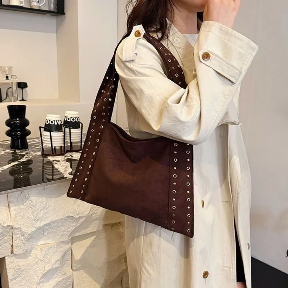

PU Leather Suede Rivet Shoulder Bags Large Capacity Retro American Style Locomotive Style Underarm Bag Korean Style Solid Color