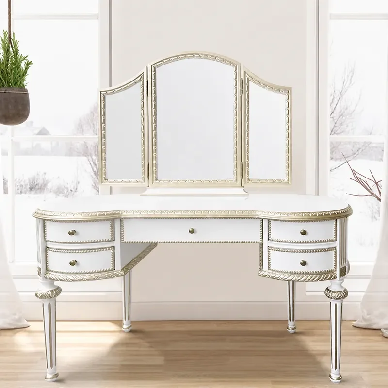 American Light Luxury Solid Wood Carved Flower Dressing Table with Mirror Retro Princess Style Vanity Desk for Home Bedroom