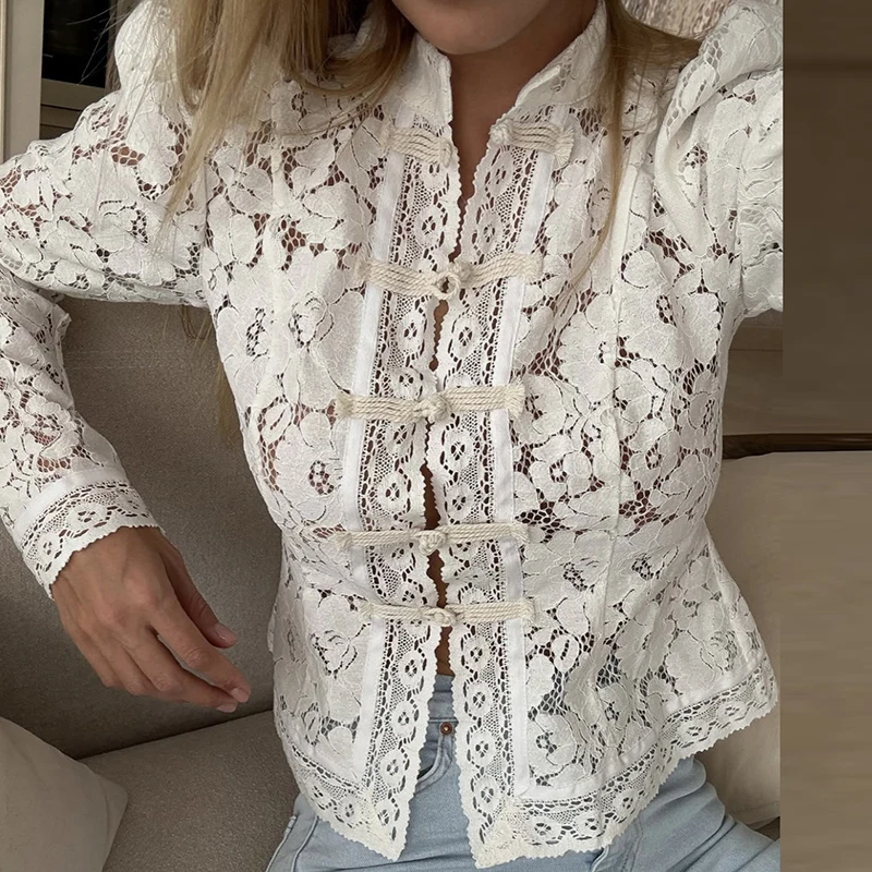 

Sexy Lace Embroidery See Through Slim Blouses Skinny Lace Hollow Out Shirt Top Vintage Elegant Party Looks Summer Women Blouse