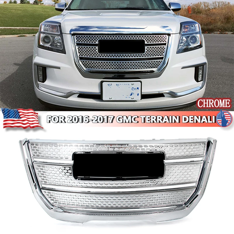 Chrome Front Bumper Grille Assembly Fit for 2016-2017 GMC Terrain Denali Style Racing Upper Replacement Bumper Hood Mesh