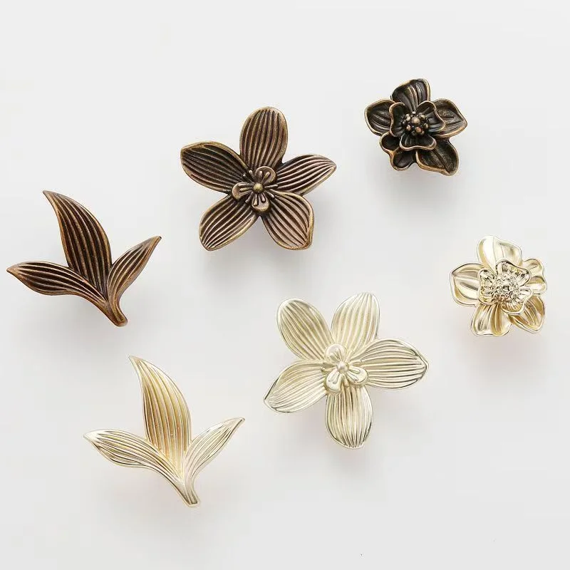 Rual Style Flowers Furniture Handles Golden Orchid Cabinet Handles Door Drawer Knobs For Kitchen Wardrobe Cupboard Closet Pulls