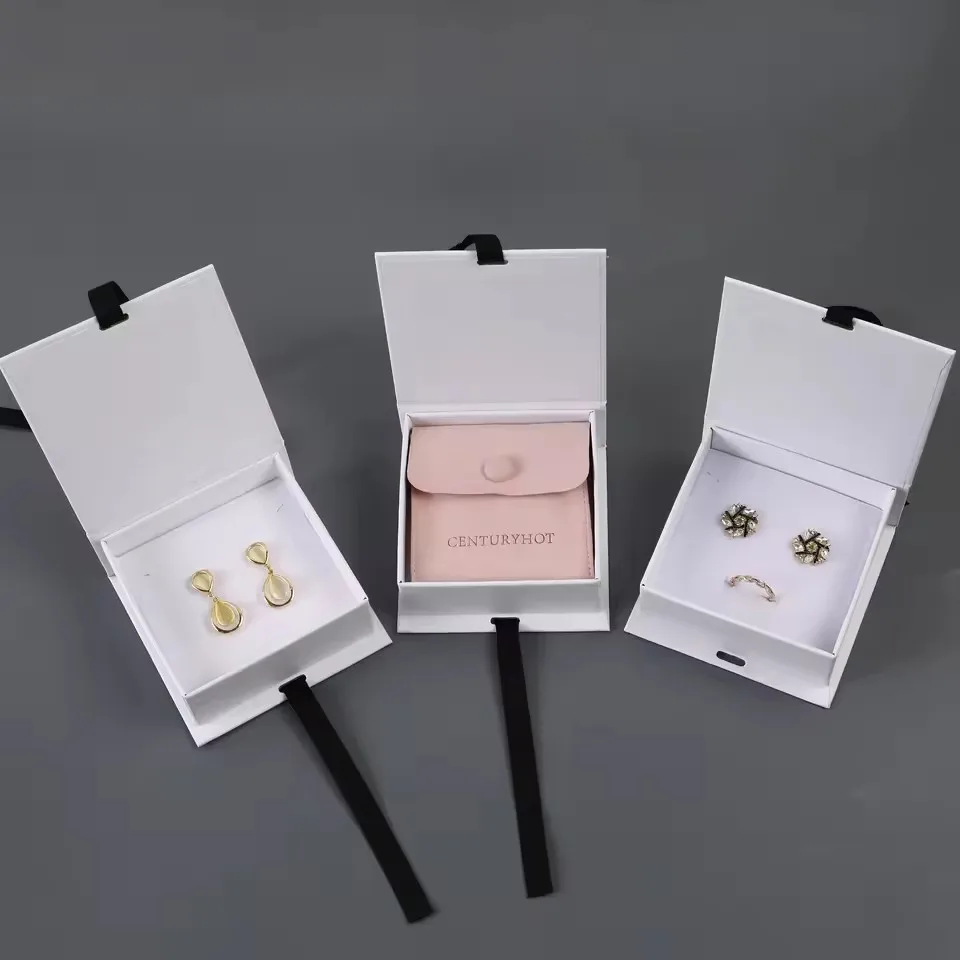 Wholesale Ribbon Flip Box Cardboard Jewelry Box with Foam Inside Necklace Bracelet Ring Ring Ring Ring Earring Box with Logo