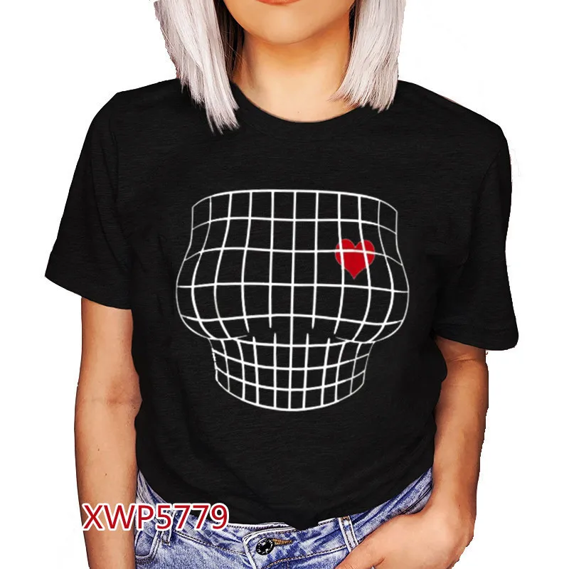 Magnified Chest Optical Illusion Women T Shirt Funny 3D Printed Big Boobs T-Shirt Femme Harajuku Tshirt Goth Black Tops Shirt