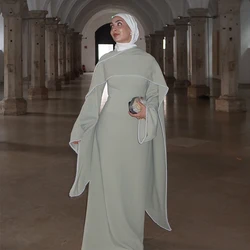 White Pearl Trim Cape Maxi Dress Women Elegant Long Sleeve Cinched Waist Muslim Robes 2026 Spring EID Abaya Lady Dresses