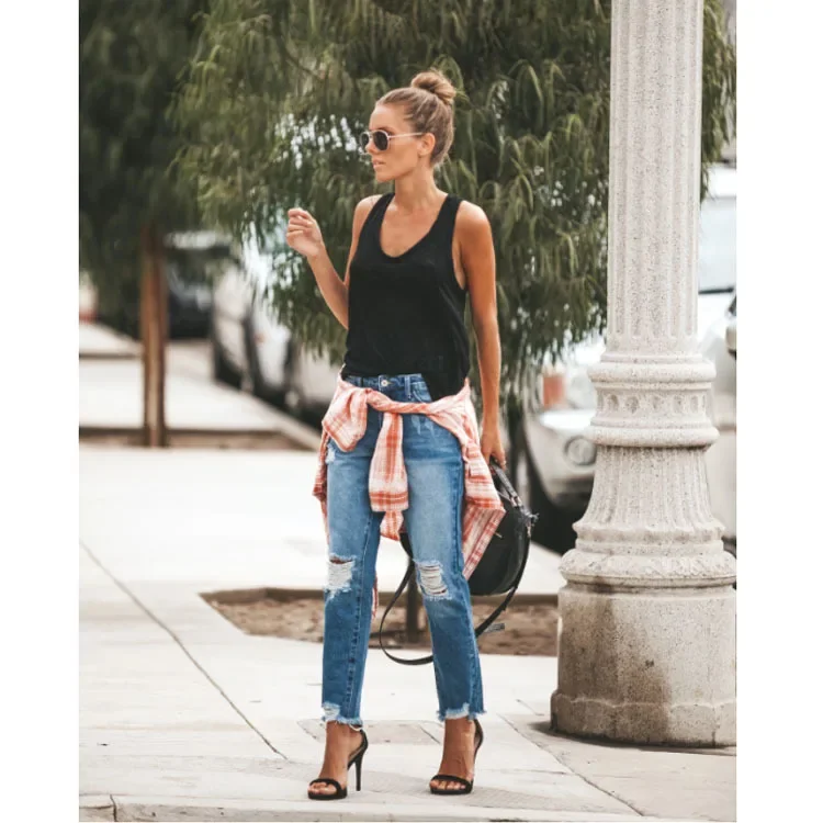 New Women's Mid Waist Ripped Jeans Fashion Casual Ankle-Length Denim Straight Leg Pants Gray/Blue Drop Shipping