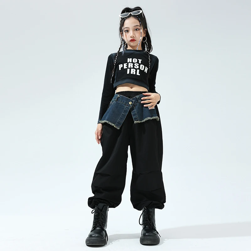 Nuovi costumi di danza moderna Jazz per bambini Crop top Denim pantaloni neri Streetwear ragazze Hip Hop Dance Performance Clothes DN16527