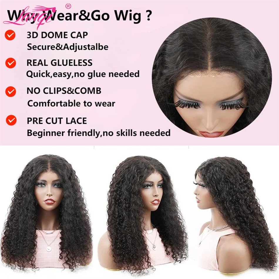 Wholesale 250 Density Deep Wave Glueless Wig Human Hair Ready To Wear Curly Lace Closure Human Hair Wig Transparent Lace Wig