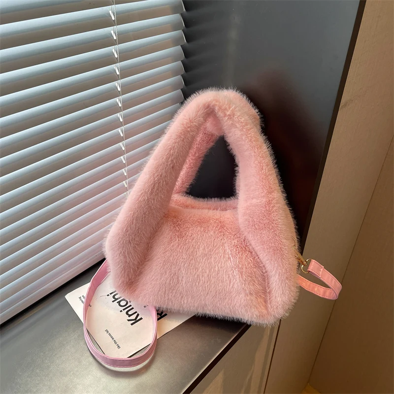 Winter Faux Fur Mini Handbag for Women Fluffy Plush Triangle Top‑Handle Bag Removable Crossbody Strap Y2K Fashion Party Purse