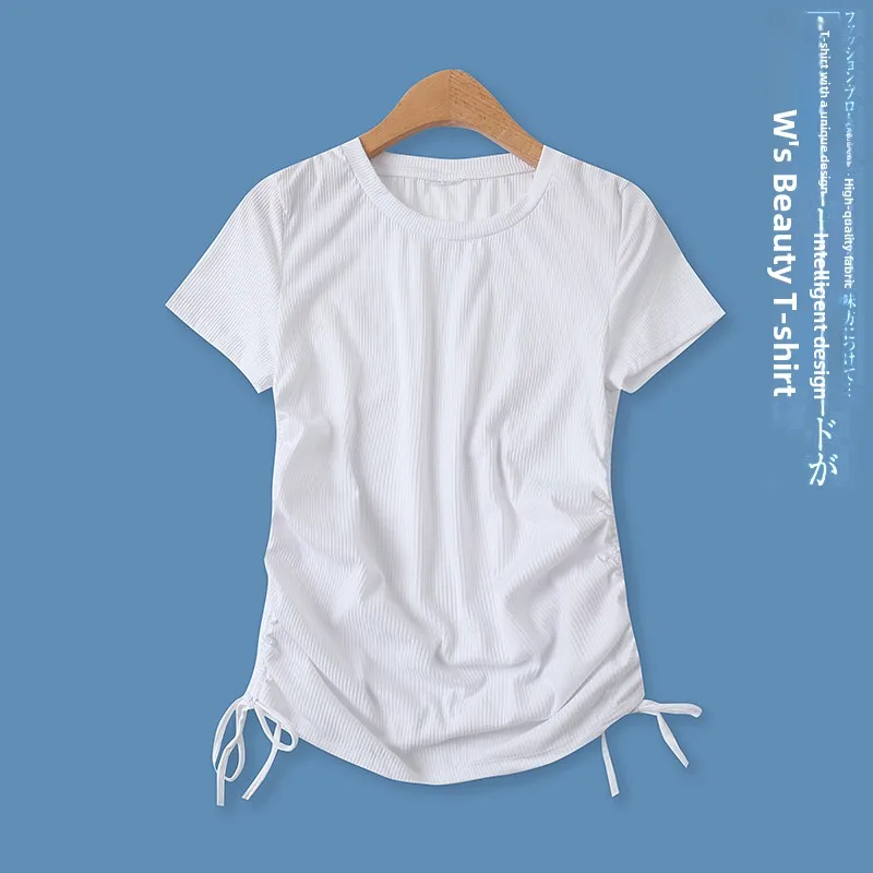 Summer New Style Women's T-shirt Elastic Hem Pleated Short Sleeve round Neck Versatile Ageless plus Size Loose Fit Top