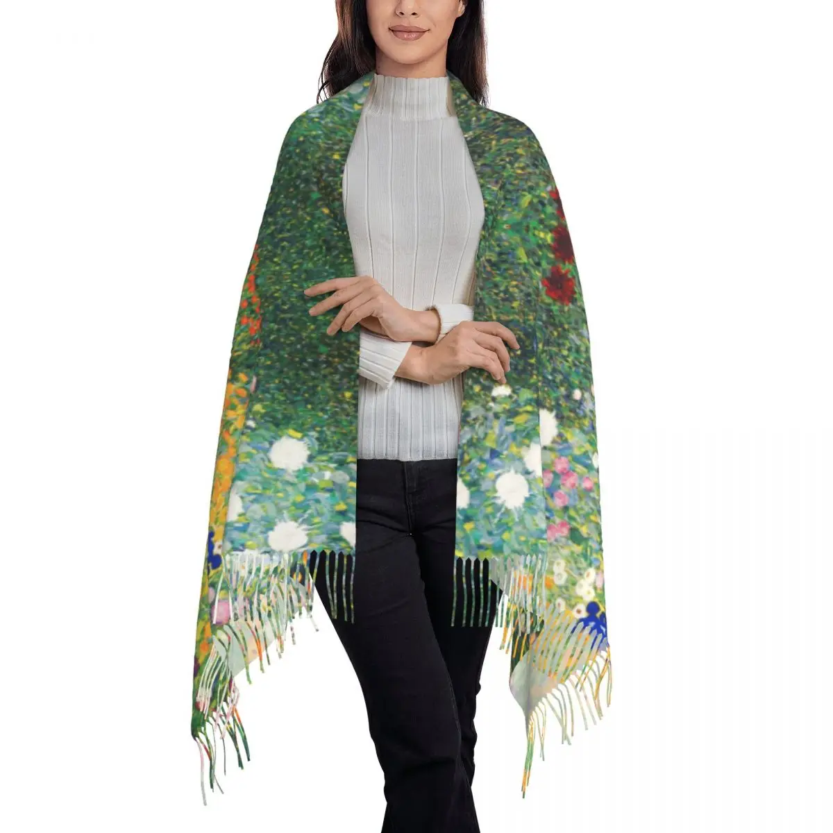 Flower Garden By Gustav Klimt Scarf Women Men Luxury Winter Fall Wrap Shawl Painting Art Tassel Wraps