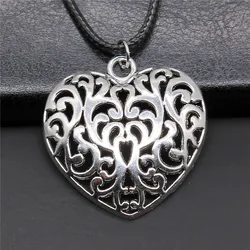 Unisex Retro Vintage Antique Silver Color 35x35mm Carved Heart Pendant Faux Black Leather Rope Chain Necklace