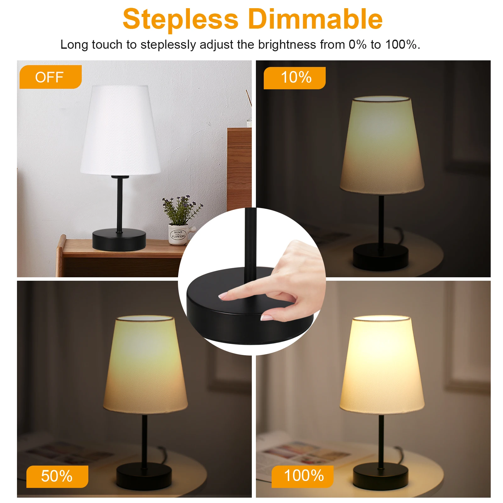 Fabric Bedside Table Lamp with 3 Light Colors LED Bulb Nightstand Lamp Desk Light Touch Control Stepless Dimmable USB Plug