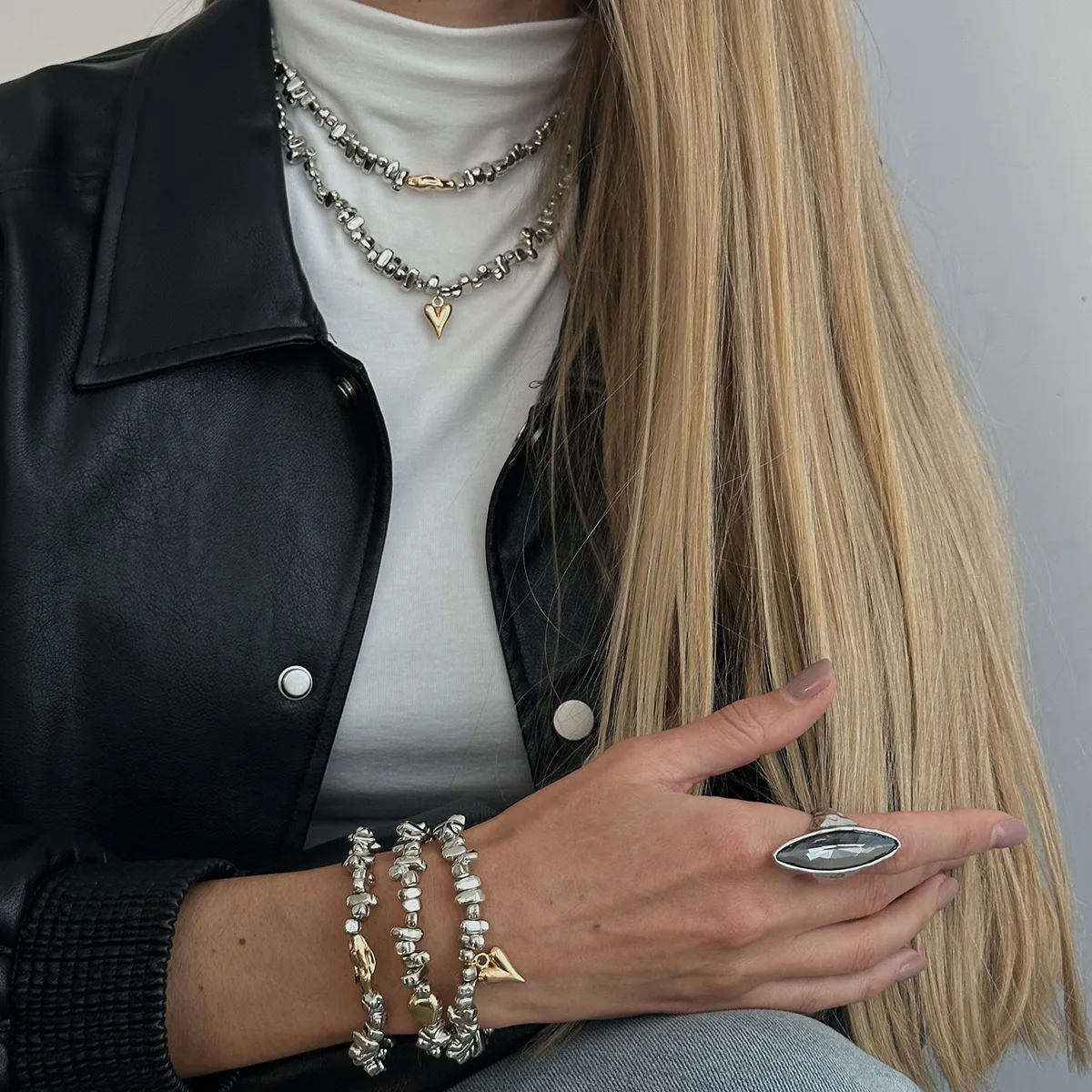 Heart Pendant Necklace Hammered Silver Beads Contrast Color Office Daily Wear Premium Durable Lightweight Jewelry for Women