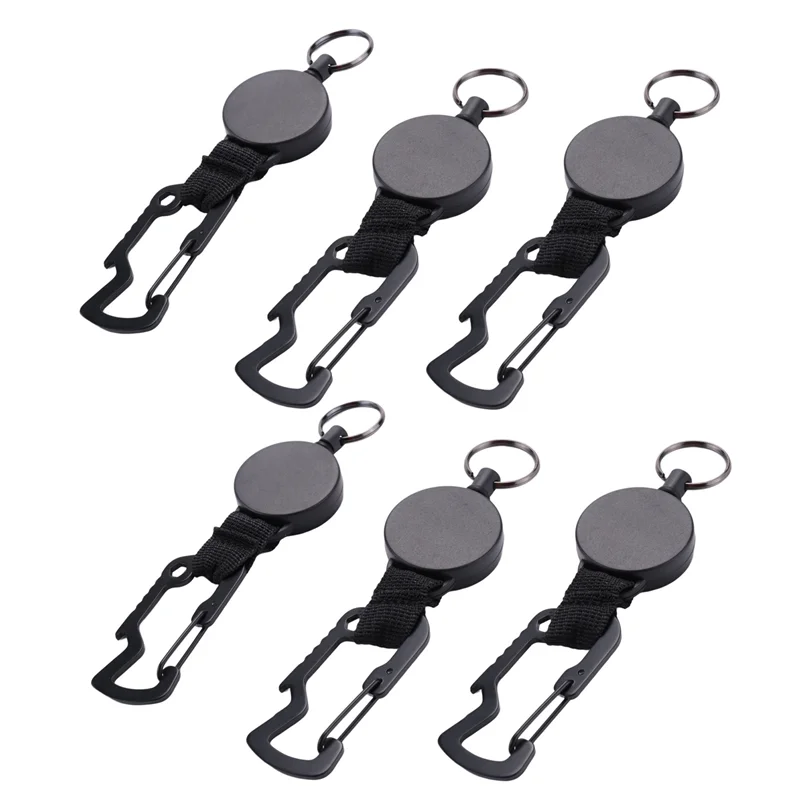 B30C-6 Pack Retractable Keychain - Heavy Duty Badge Holder Reel With Multitool Carabiner Clip, Up To 25 Inches,Black